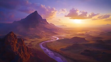 Fototapeta premium Majestic Sunset Over Serene Mountain Valley River Landscape