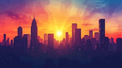 Fototapeta premium Vibrant Sunrise Illuminates City Skyline: Striking Digital Painting in Bold, Stylized Colors. AI Generated
