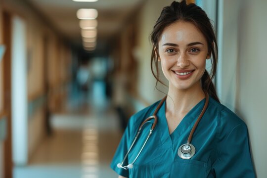 A young female doctor in scrubs smiling confidently in a hospital corridor, exuding warmth and professionalism.