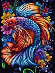 Vibrant Betta Fish Swimming Among Colorful Flowers
