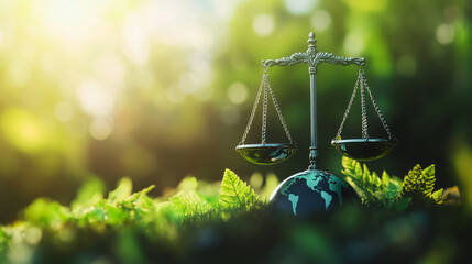 Law and earth scales with global ecology background symbolizing sustainability justice and environmental policy
