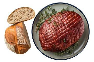 A top view of a white plate with smoked pork meat