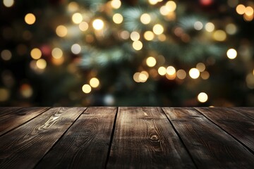 Empty wooden table top with lights bokeh on blur restaurant background. 
