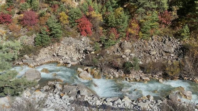 Gushing green waters of the Kali river on the way to Adi Kailash in Uttarakhand, India. Beautiful autumn foliage on the banks
