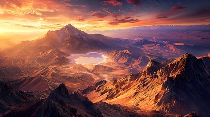 Naklejka premium Majestic Sunset Over Volcanic Mountain Range Desert Landscape