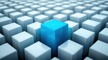 Standing Out: Single Blue Box in Uniform White Grid Symbolizing Uniqueness and Individuality