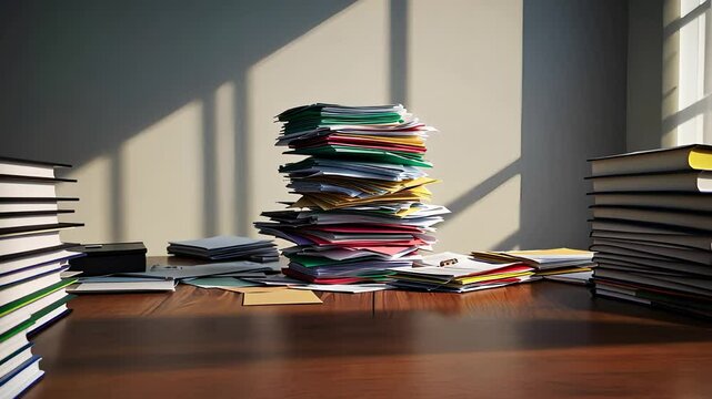 Stack of Papers and Books on a Wooden Desk in Sunlit Workspace Reflecting Organization and Productivity

