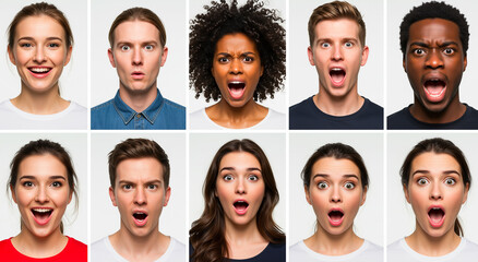 Collage, faces and surprised with people for emotion, shock and expression with reaction group. Diverse, portrait and collection with open mouth or astonishment with studio background
