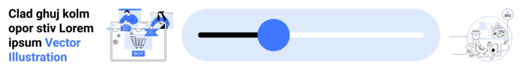 Team collaborating on developing an e-commerce platform, adding products to a shopping cart, long progress bar with a blue slider, business and technological icons. Ideal for creative process