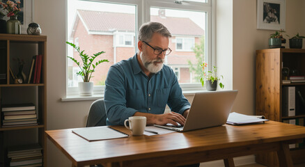 Man, typing and working with laptop for research, study and online job with deadline at home. Caucasian, mature male person and learning with computer for education or project at day