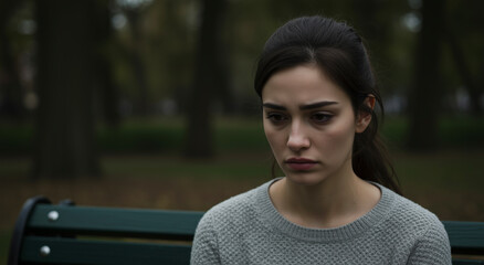 Woman, sad and thinking with upset face for emotion, stress and depression for mental health problem. Caucasian, female person and worry with anxiety or crisis in outdoor with unhappy expression