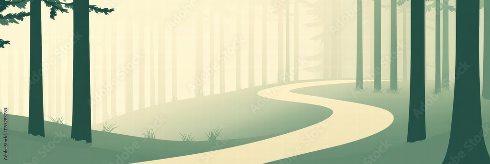 Poster winding path through a serene minimalist forest landscape invites exploration and reflection. genera