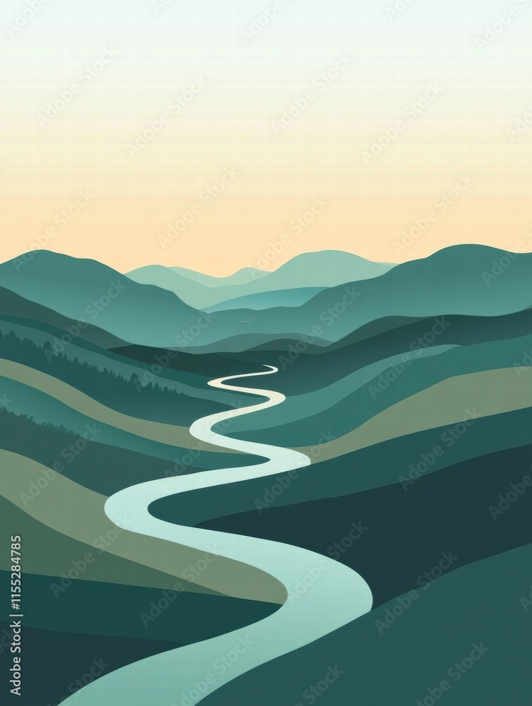 Fototapete majestic mountain range with a winding river in a minimalist landscape design featuring ample copy s