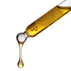 A golden serum oil dripping from dropper isolated on white background