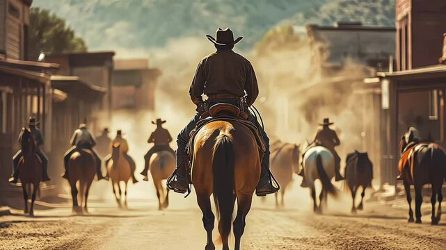 Cowboy on horseback, movie scene in Wild West town