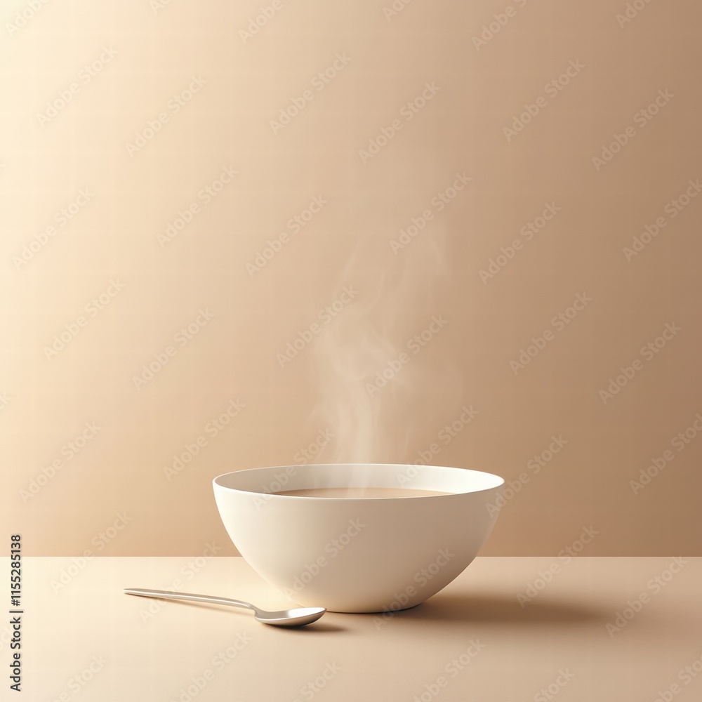 Poster warm soup bowl emitting steam with a spoon on a minimalist surface in a cozy setting. generative ai