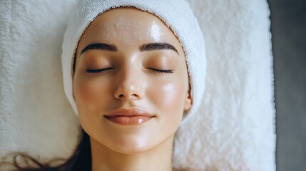 A woman receiving a facial treatment, relaxing with closed eyes and a serene expression.