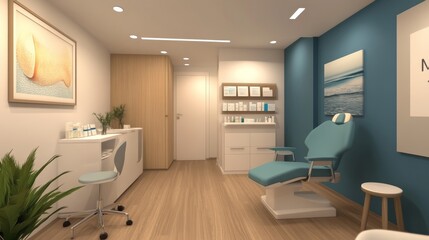 Fototapeta premium A modern treatment room with a chair, shelves, and calming decor for healthcare purposes.