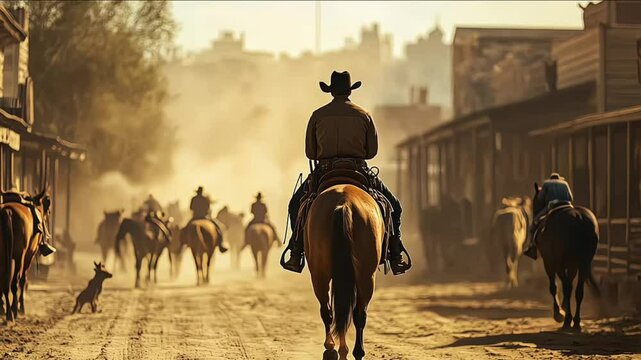 Cowboy on horseback, movie scene in Wild West town
