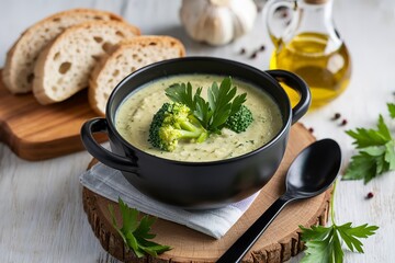 A rustic setting with a black bowl containing a creamy broccoli soup