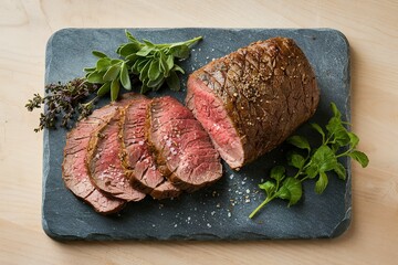 a sliced roast beef with salt and pepper on a stone board