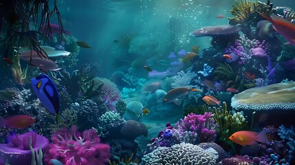 Fototapeta premium Tropical fish swim through a diverse coral reef ecosystem for aquarium marketing banners.