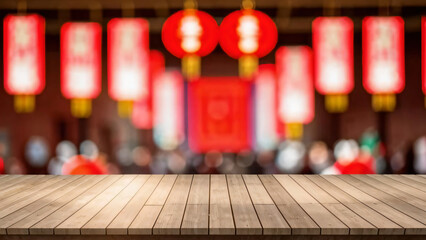 Empty table top and blur of room on a blur chinese lantern festival decoration background