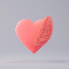 Valentine heart and commitment concept. A pink heart with a soft feather, symbolizing love and tenderness.