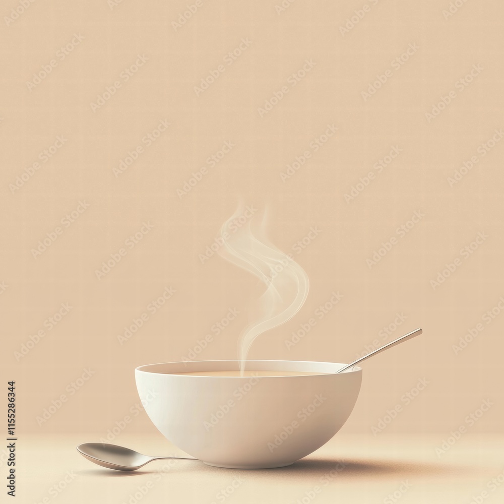 Fototapete Warm and inviting soup bowl with steam curls and spoon against a minimalist backdrop for culinary inspiration. Generative AI