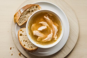 bowl of chicken soup with a slice of bread on a light wooden background.