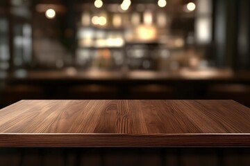 Empty wooden table top with lights bokeh on blur restaurant background. 