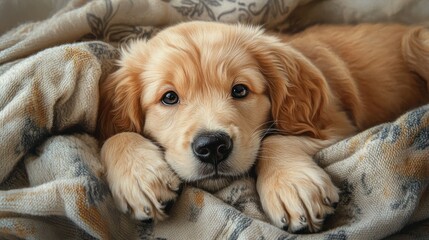 A fluffy Golden Retriever puppy lying on a soft blanket, gazing up with big, soulful eyes in a cozy indoor setting