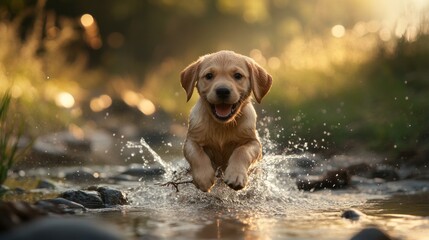 A Labrador Retriever puppy bounding through a shallow stream, water splashing around as it happily chases a stick.