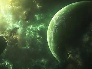 Obraz premium Stunning Digital Painting: Ethereal Green Planet Mysteriously Orbiting a Nebula. AI Generated