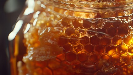 artisanal honey jar with honeycomb and a golden honey dipper, rich and natural appeal