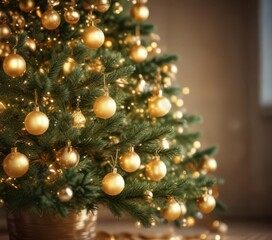 Obraz premium Soft focus Christmas tree, shimmering gold bokeh, christmas, blur
