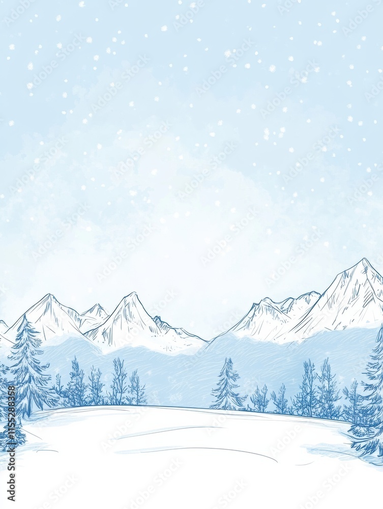Aufkleber winter doodle featuring snowy mountains and pine trees with ample space for text and minimalist desi