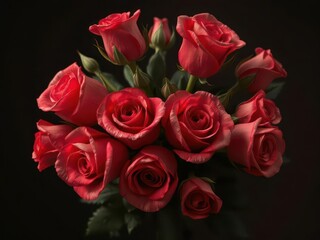 Naklejka premium Elegant bouquet of red roses on dark background, greeting card,anniversary