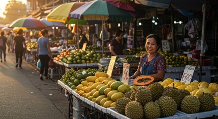 Woman smiles at her fruit stand in a bustling market
