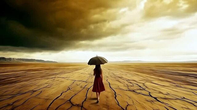 Woman walking with umbrella in barren landscape under cloudy sky