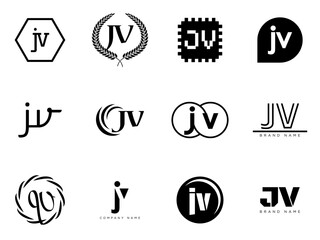 JV logo company template. Letter j and v logotype. Set different classic serif lettering and modern bold text with design elements. Initial font typography.