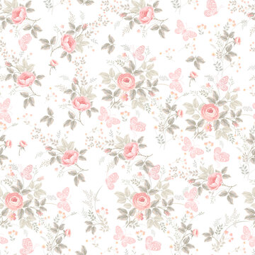 Seamless Pattern Design with Pink Floral Branches, Leaves, and Butterflies &ndash; Perfect for Home Textiles, Fabric Design, Wall Decor, Scrapbooking, Digital Paper, Notebooks, and More