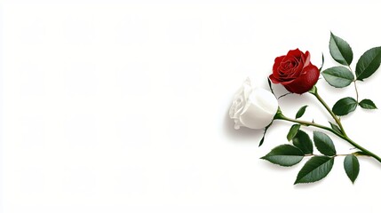 Fototapeta premium Elegant Red and White Roses with Green Leaves on White Background