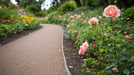 Pathway Through Colorful Rose Garden in Blooming Spring Afternoon