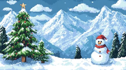 Obraz premium Charming Pixel Art Christmas Scene: Snowman Joyfully Greets Festive Tree in Snowy Mountains. AI Generated