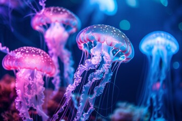 Obraz premium Pink and blue jellyfish with white spots swimming in dark blue water, creating a mesmerizing underwater scene