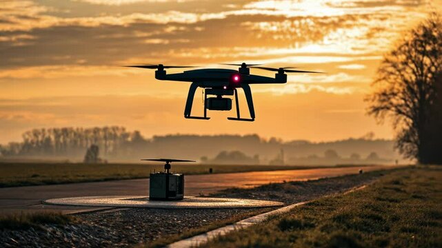 Evening light bathed in warm hues as the drone returns to base after a long flight.