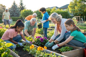 A diverse group of individuals of all ages working together in a community garden. They are planting flowers and vegetables, fostering teamwork, sustainability, and a sense of togetherness.