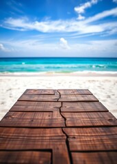 Fototapeta premium Beach Wallpaper of Wooden table with defocused blue sea white sand beach background beach wallpaper summer wallpaper beach background tropical nature 