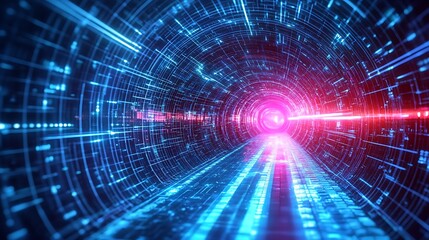 Obraz premium Vibrant Digital Art: Futuristic Tunnel of Glowing Data Streams. AI Generated
